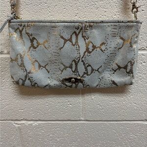 Elliott Lucca Leather Snake Print Crossbody in Gray and Gold